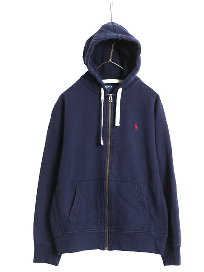 00s ポロ ラルフローレン フルジップ スウェット フード パーカー メンズ L / オールド トレーナー 裏起毛 ヘビーウェイト ワンポイント 紺