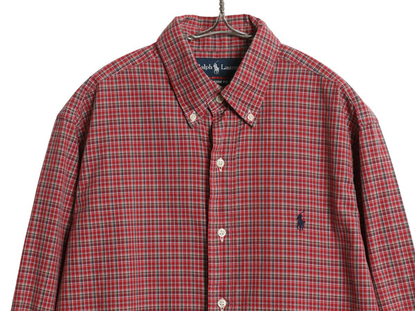 90s ラルフローレン チェック 長袖 ボタンダウン シャツ メンズ М / オールド ポロ 長袖シャツ コットン ワンポイント マルチカラー 薄手