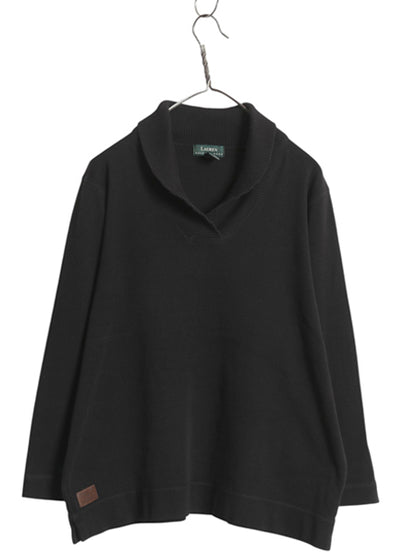 90s ローレン ラルフローレン ショールカラー リブ編み カットソー レディース XL オールド ストレッチ コットン セーター 大きいサイズ 黒
