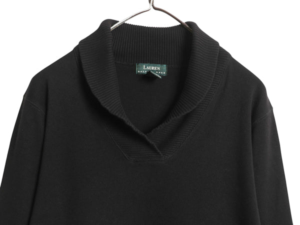 90s ローレン ラルフローレン ショールカラー リブ編み カットソー レディース XL オールド ストレッチ コットン セーター 大きいサイズ 黒