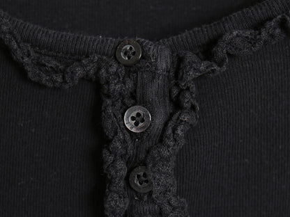 00s ローレン ラルフローレン Uネック 長袖 カットソー レディース S / オールド コットン Tシャツ ストレッチ ヘンリーネック 襟レース 黒