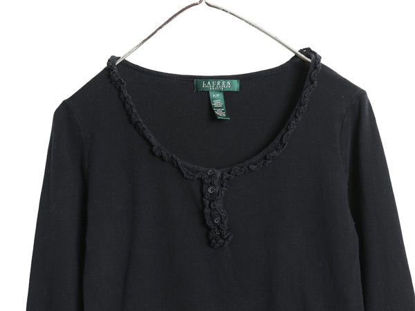 00s ローレン ラルフローレン Uネック 長袖 カットソー レディース S / オールド コットン Tシャツ ストレッチ ヘンリーネック 襟レース 黒