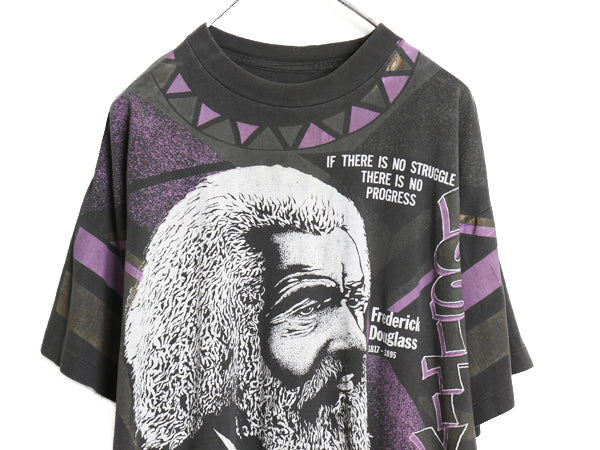90s ★ KACY WORLD COLORS オールオーバー プリント Tシャツ メンズ XL 程/ 古着 アート 偉人 マルコムX キング牧師 イラスト 黒 総柄 大判