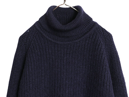 90s アイルランド製 aran crafts タートルネック ウール ニット セーター メンズ L / オールド ハイネック リブ編み チャンキー  無地 紺