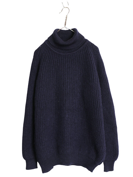 90s アイルランド製 aran crafts タートルネック ウール ニット セーター メンズ L / オールド ハイネック リブ編み チャンキー  無地 紺