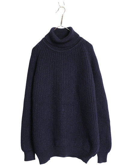 90s アイルランド製 aran crafts タートルネック ウール ニット セーター メンズ L / オールド ハイネック リブ編み チャンキー  無地 紺