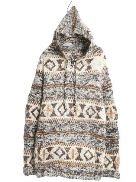 80s エクアドル製 総柄 ウール ニット パーカー メンズ L / 古着 ヴィンテージ プルオーバー ジャケット セーター ネイティブ ハンドメイド