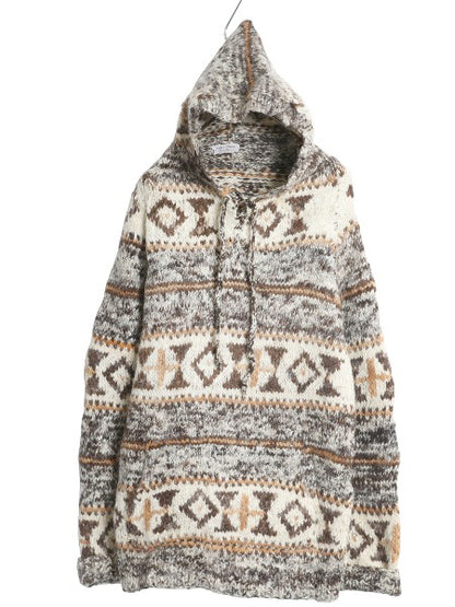 80s エクアドル製 総柄 ウール ニット パーカー メンズ L / 古着 ヴィンテージ プルオーバー ジャケット セーター ネイティブ ハンドメイド
