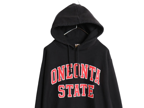 90s 2段 カレッジ プリント スウェット フード パーカー メンズ M / オールド トレーナー 裏起毛 リバース タイプ ヘビーウェイト ブラック