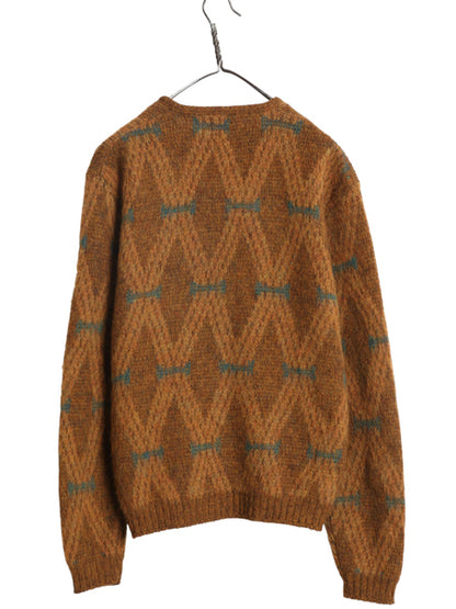 60s 70s ★ McBriar 総柄 ウール シャギー ニット カーディガン メンズ M 古着 ヴィンテージ セーター 毛長 前開き グランジ ポケット付き