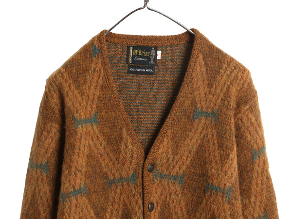 60s 70s ★ McBriar 総柄 ウール シャギー ニット カーディガン メンズ M 古着 ヴィンテージ セーター 毛長 前開き グランジ ポケット付き