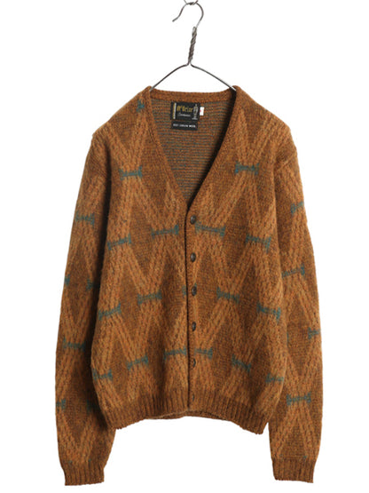 60s 70s ★ McBriar 総柄 ウール シャギー ニット カーディガン メンズ M 古着 ヴィンテージ セーター 毛長 前開き グランジ ポケット付き
