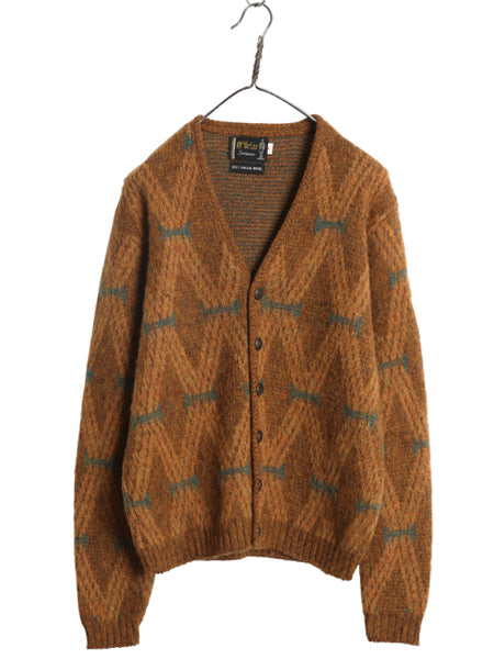 60s 70s ★ McBriar 総柄 ウール シャギー ニット カーディガン メンズ M 古着 ヴィンテージ セーター 毛長 前開き グランジ ポケット付き