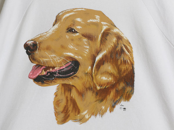 90s ドッグ アート イラスト プリント スウェット メンズ レディース L 程 古着 オールド 犬 アニマル キャラクター トレーナー 裏起毛 白