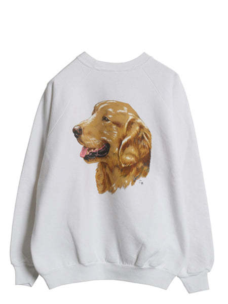 90s ドッグ アート イラスト プリント スウェット メンズ レディース L 程 古着 オールド 犬 アニマル キャラクター トレーナー 裏起毛 白