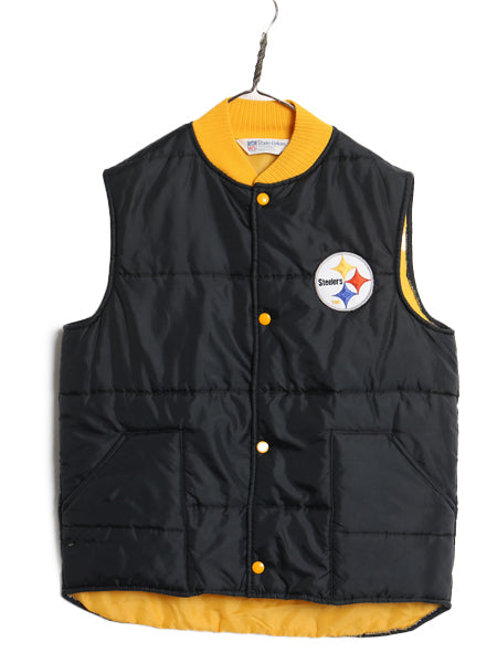90s スティーラーズ 中綿 ナイロン キルティング ベスト キッズ XL メンズ S 程 古着 オールド NFL アメフト オフィシャル 重ね着 ブラック