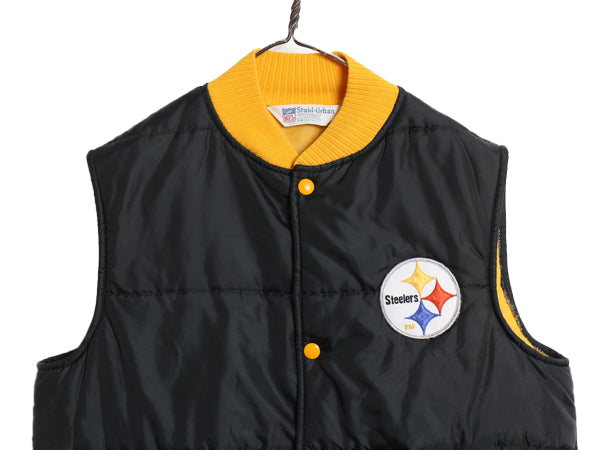 90s スティーラーズ 中綿 ナイロン キルティング ベスト キッズ XL メンズ S 程 古着 オールド NFL アメフト オフィシャル 重ね着 ブラック