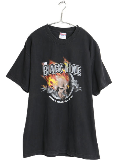 00s スカル ファイヤー イラスト プリント 半袖 Tシャツ メンズ L / オールド グラフィック アート ヘビーウェイト カットソー 黒 ヘインズ