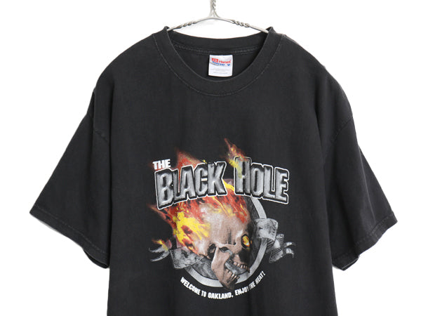 00s スカル ファイヤー イラスト プリント 半袖 Tシャツ メンズ L / オールド グラフィック アート ヘビーウェイト カットソー 黒 ヘインズ
