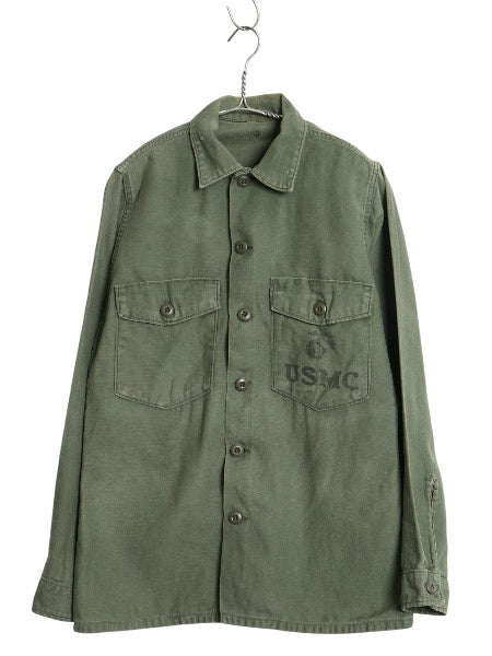 70s 米軍実物 USMC コットン サテン ユーティリティ シャツ M 程/ 72年製 ヴィンテージ OG107 シャツ袖 3rd 軍物 ミリタリー 海兵隊 カーキ