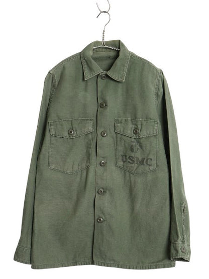 70s 米軍実物 USMC コットン サテン ユーティリティ シャツ M 程/ 72年製 ヴィンテージ OG107 シャツ袖 3rd 軍物 ミリタリー 海兵隊 カーキ