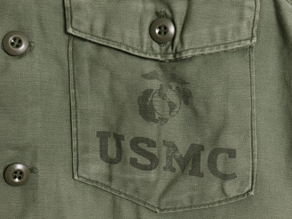70s 米軍実物 USMC コットン サテン ユーティリティ シャツ M 程/ 72年製 ヴィンテージ OG107 シャツ袖 3rd 軍物 ミリタリー 海兵隊 カーキ