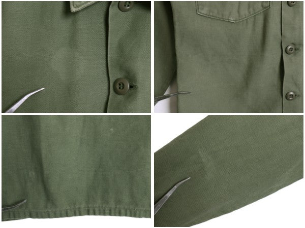 70s 米軍実物 USMC コットン サテン ユーティリティ シャツ M 程/ 72年製 ヴィンテージ OG107 シャツ袖 3rd 軍物 ミリタリー 海兵隊 カーキ