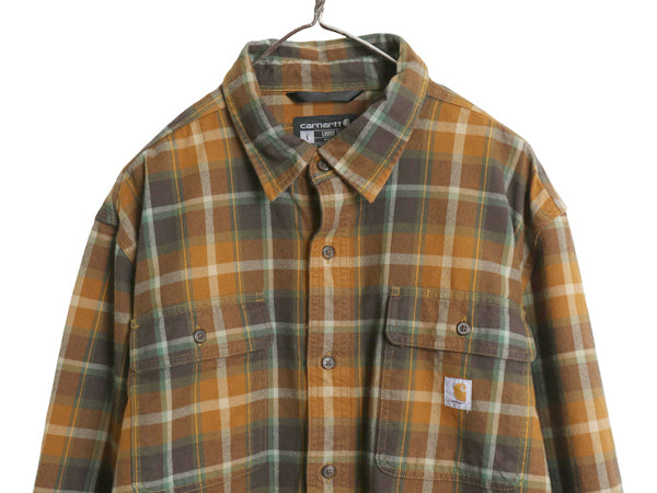 US企画 カーハート 長袖 ヘビー フランネル シャツ メンズ L / 古着 チェック LOOSE FIT ネルシャツ ヘビーウェイト コットン ワンポイント