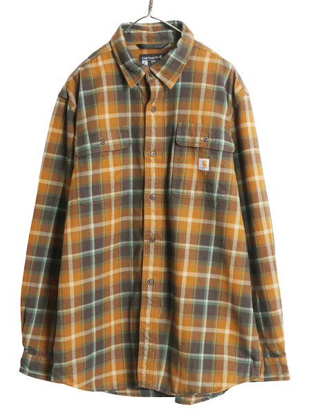 US企画 カーハート 長袖 ヘビー フランネル シャツ メンズ L / 古着 チェック LOOSE FIT ネルシャツ ヘビーウェイト コットン ワンポイント