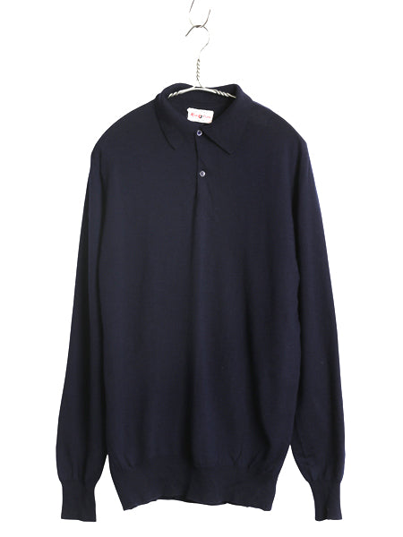 60s 70s イギリス製 ★ アランペイン ウール ニット ポロシャツ メンズ M / 古着 ヴィンテージ 襟付き ハイゲージ セーター シャツ 無地 紺