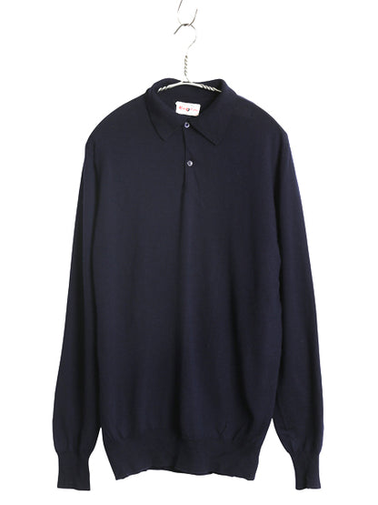 60s 70s イギリス製 ★ アランペイン ウール ニット ポロシャツ メンズ M / 古着 ヴィンテージ 襟付き ハイゲージ セーター シャツ 無地 紺