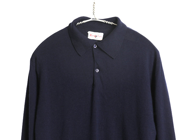 60s 70s イギリス製 ★ アランペイン ウール ニット ポロシャツ メンズ M / 古着 ヴィンテージ 襟付き ハイゲージ セーター シャツ 無地 紺