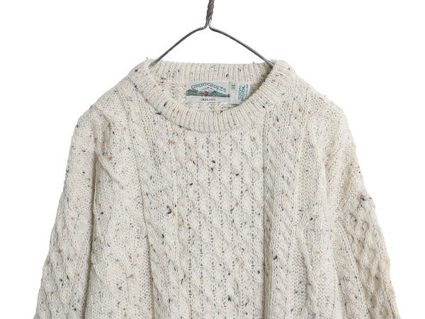 アイルランド製 aran crafts フィッシャーマン ウール ニット セーター メンズ XL / アラン ケーブル ローゲージ 大きいサイズ ナチュラル