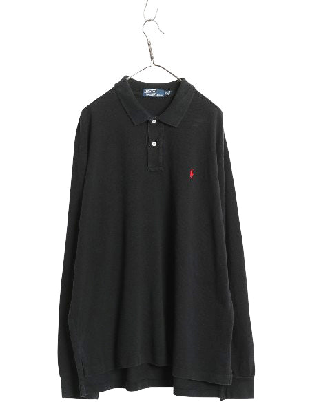 90s ポロ ラルフローレン 鹿の子 長袖 ポロシャツ メンズ XL 古着 オールド 長袖シャツ コットン カットソー ワンポイント 大きいサイズ 黒