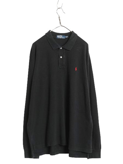 90s ポロ ラルフローレン 鹿の子 長袖 ポロシャツ メンズ XL 古着 オールド 長袖シャツ コットン カットソー ワンポイント 大きいサイズ 黒