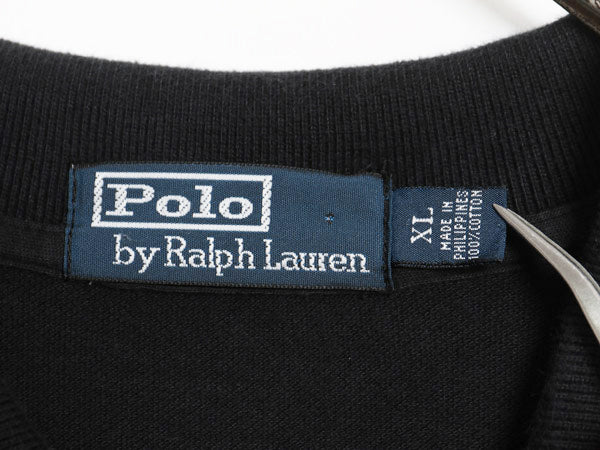 90s ポロ ラルフローレン 鹿の子 長袖 ポロシャツ メンズ XL 古着 オールド 長袖シャツ コットン カットソー ワンポイント 大きいサイズ 黒