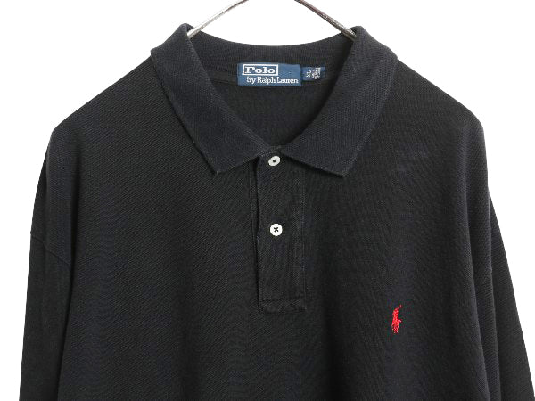 90s ポロ ラルフローレン 鹿の子 長袖 ポロシャツ メンズ XL 古着 オールド 長袖シャツ コットン カットソー ワンポイント 大きいサイズ 黒