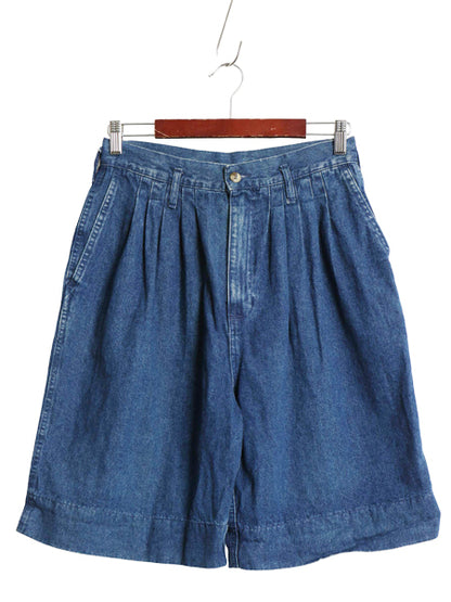 USA製 デニム ショートパンツ レディース 実寸 28 程 コットン ショーツ 短パン ハーフパンツ ジーンズ ジーパン タック入り ゆったり 濃紺