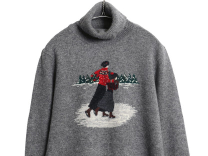 90s ローレン ラルフローレン タートルネック ニット セーター レディース L オールド ポロ ラム ウール ハイネック 絵柄 ノルディック 灰