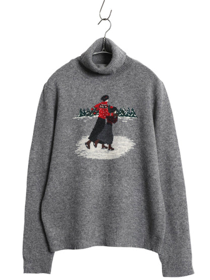 90s ローレン ラルフローレン タートルネック ニット セーター レディース L オールド ポロ ラム ウール ハイネック 絵柄 ノルディック 灰