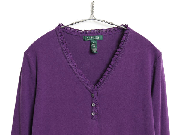 00s ローレン ラルフローレン Vネック 長袖 Tシャツ レディース M オールド 7分袖 カットソー コットン ストレッチ 襟レース きれいめ 無地