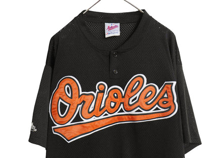オリオールズ ベースボール シャツ メンズ XL 程 MLB オフィシャル マジェスティック プルオーバー 大リーグ 半袖シャツ メッシュ ブラック