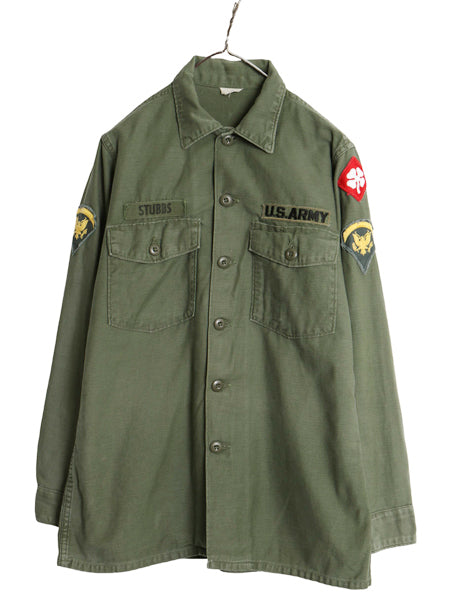 60s 米軍実物 US ARMY コットン サテン ユーティリティ シャツ M / ヴィンテージ OG107 シャツ袖 2nd 軍物 ミリタリー ワッペン フルパッチ