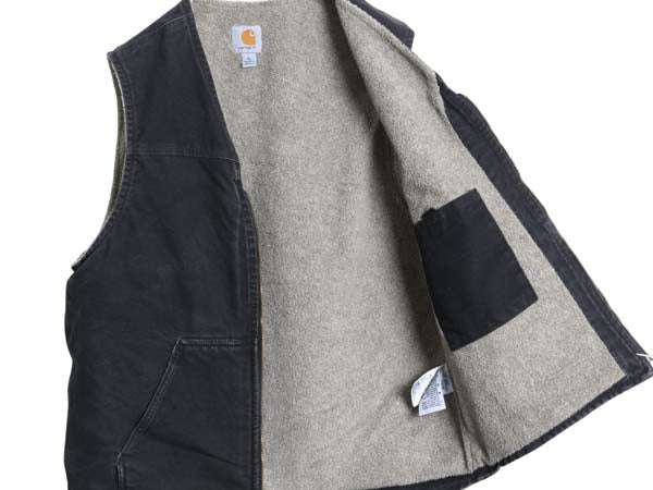 US企画 カーハート ダック ベスト メンズ L / 古着 裏 ボア パイル フリース 前開き 重ね着 フルジップ ワーク 廃盤 ワンポイント ブラック