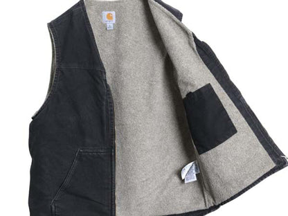 US企画 カーハート ダック ベスト メンズ L / 古着 裏 ボア パイル フリース 前開き 重ね着 フルジップ ワーク 廃盤 ワンポイント ブラック
