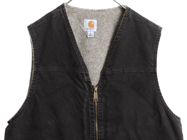US企画 カーハート ダック ベスト メンズ L / 古着 裏 ボア パイル フリース 前開き 重ね着 フルジップ ワーク 廃盤 ワンポイント ブラック