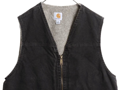 US企画 カーハート ダック ベスト メンズ L / 古着 裏 ボア パイル フリース 前開き 重ね着 フルジップ ワーク 廃盤 ワンポイント ブラック