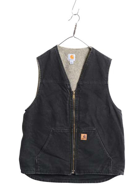 US企画 カーハート ダック ベスト メンズ L / 古着 裏 ボア パイル フリース 前開き 重ね着 フルジップ ワーク 廃盤 ワンポイント ブラック