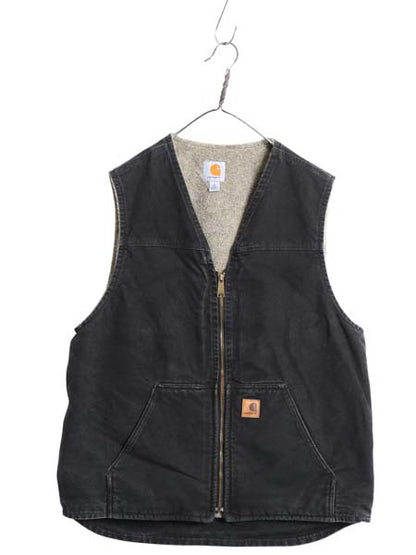 US企画 カーハート ダック ベスト メンズ L / 古着 裏 ボア パイル フリース 前開き 重ね着 フルジップ ワーク 廃盤 ワンポイント ブラック