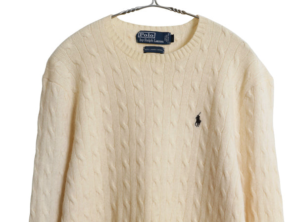 90s ポロ ラルフローレン ケーブル ニット セーター メンズ L / オールド ラム ウール 長袖ニット ワンポイント シンプル ナチュラル 薄手